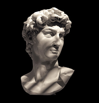 David carved by Michelangelo bust isolated on black. High quality detailed monochrome illustration. 3D rendering