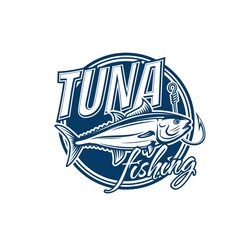 Tuna fishing vector icon of Atlantic bluefin, yellowfin, skipjack or albacore tuna fish with fishing sport hook. Isolated round symbol design with saltwater fish and fisherman or angler tackle