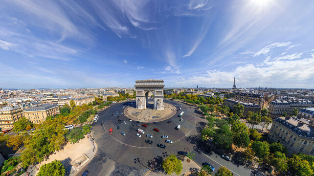 Panoramic aerial view of Arch of Triumph, Paris Champs Elys&eacute;es, France.