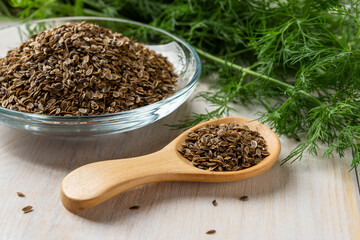 Organic dill seeds in a wooden spoon and glass saucer on a white wooden table. Natural spices and seasonings for cooking. Medicinal herb of whole anethum graveolens fruits.