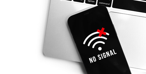 Phone with no signal no service screen. Communication, cellular problem, bad connection concept photo