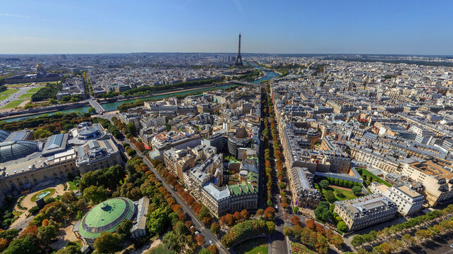 Panoramic aerial view of Rond Point des Champs Elysees, Paris, France.