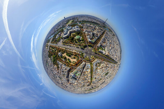 Panoramic 360 degrees aerial view of a roundabout at Champs Elysees, Paris, France.
