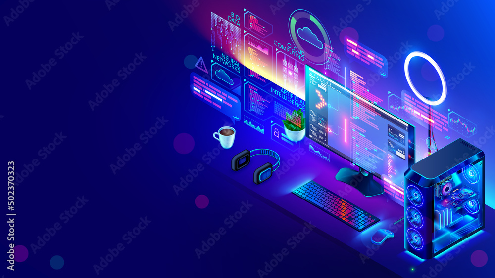 Fototapete Coding code of program on desktop PC computer of programmer, on desk. Abstract icons, diagrams, graphs on programming interface of software development environment. Software technology concept.