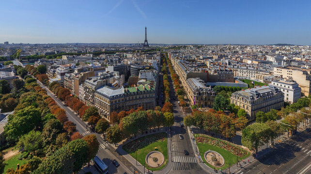 Panoramic aerial view of the Champs Elysees in Paris downtown, France.