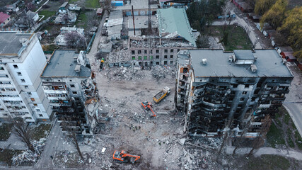 War in Ukraine, Destroyed apartment building, Borodyanka, Kyiv region, aerial photography.