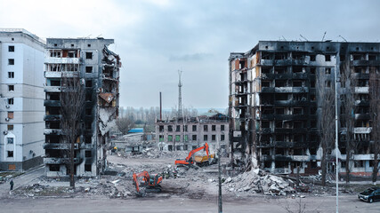War in Ukraine, Destroyed apartment building, Borodyanka, Kyiv region, aerial photography.
