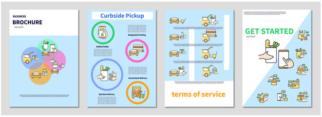 Curbside pickup brochure. Contactless parcel obtaining. Application get started. Terms of service templates.Minimal brochure layout and modern report flyers poster template