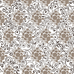Seamless floral pattern, vector. Brown wildflowers, swirl pattern, white background.