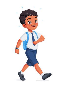 Happy Indian school boy walking. Cartoon vector illustration.