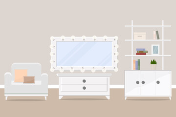 makeup artist mirror with wardrobe and armchair beauty salon room interior