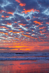 Fototapeta premium Colourful golden cloudy skies at sunrise, viewed from the beach