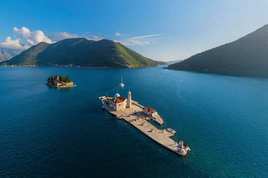 Panoramic aerial view of Gospa od Skrpjela island in Kotor Bay, Montenegro.