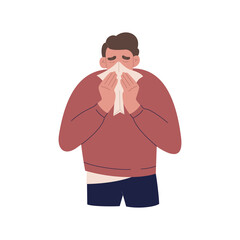 Man sneezes and blows his nose into a handkerchief. Sick guy suffers from allergies or a cold. Hand drawn color vector illustration isolated on white background. Modern flat cartoon style.