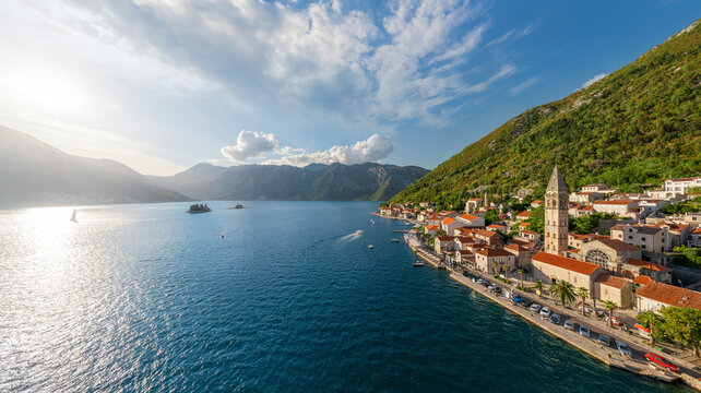 Panoramic aerial view of Perast small town along the Kotor Bay, Montenegro.