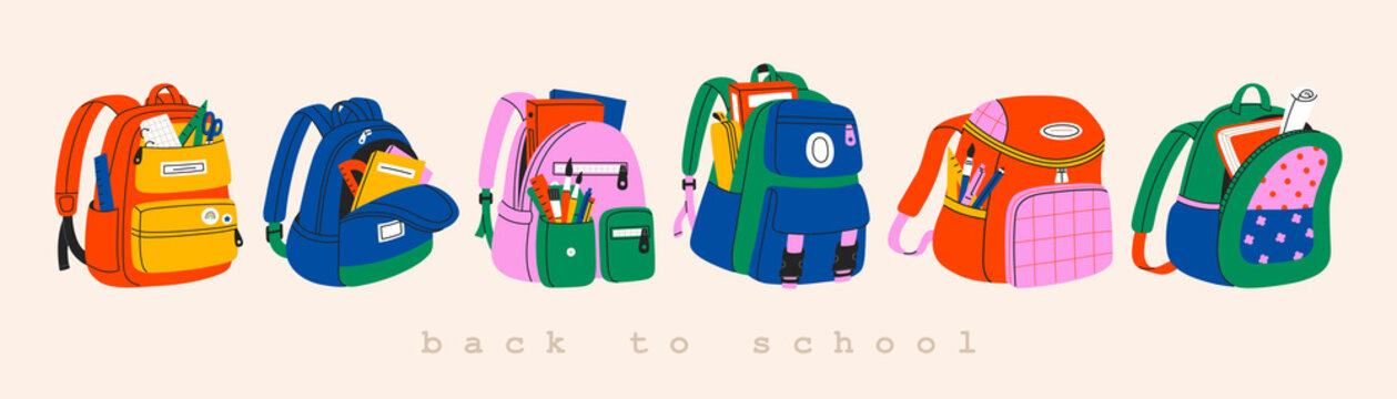 Set of different school backpack and schoolbag. Collection of colorful children bags with stationary, textbooks. Hand drawn vector illustration isolated on white background. Modern flat cartoon style.