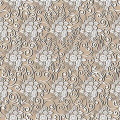 Paper cut effect, white wildflowers, swirl pattern, beige background. Seamless floral pattern, vector.