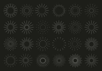 Vector light rays elements on black background. Sunburst set. Vintage sunrise collection. Vector Illustration 
