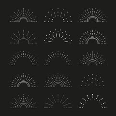 Vintage sunrise collection. Sunburst set. Vector light rays elements on black background. Vector Illustration 