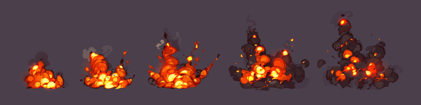 Cartoon dynamite or bomb explosion fire animation sprite sheet, sequence frame. Boom clouds and smoke elements for ui game. Dangerous explosive detonation, atomic comics detonators isolated vector set