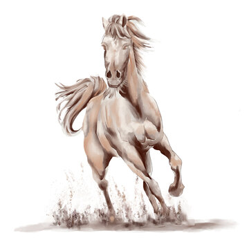 Running horse black and white watercolor style on white background