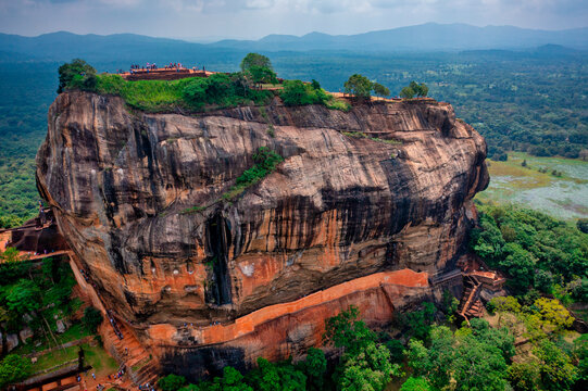 Aerial view of Sigiriya Lion's Rock, a rock fortress located in the northern Matale District, Dambulla, Sri Lanka.