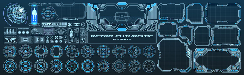 Big collection scifi retro futuristic elements. Set of digital circle, portal, hud, interface screen, video game frame and perspective grids. Blanks for a poster, banner, business card, sticker