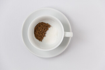 Cup of black coffee top view on a white background. 
