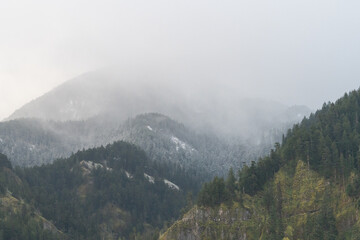 Recent snowfall on hills in the Cascade Mountain Range
