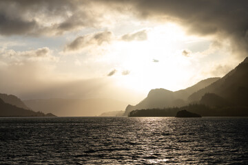Sunrise and dramatic clouds in the Columbia River Gorge