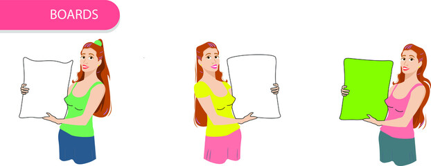framing. canvas. set of vector icons. Place for text. Girls. People with posters. Characters. Picture.