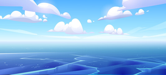 Obraz na płótnie Canvas Arctic frozen sea landscape with flat ice surface. Background of winter ocean with glacier. Vector cartoon illustration of antarctic ocean or winter lake with blue ice