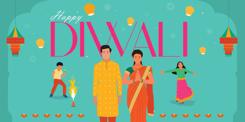 Happy Diwali typography with Illustration of Indian Family celebrating festival banner background