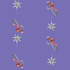 Hand drawn watercolor pattern background. New Year background Christmas magic keys and stars in cartoon style