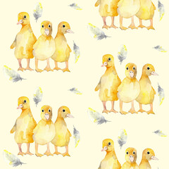 Three yellow ducklings and duck feathers. Little yellow ducklings. Hand drawn watercolor illustration. Seamless pattern