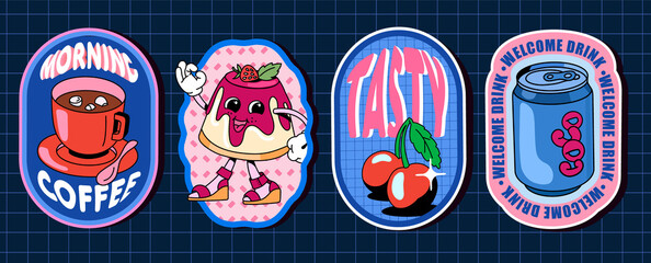 A set of stickers with desserts and drinks. With text and textures on a blue background.