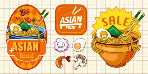 Set of stickers with asian cuisine. Logo in asian style and food elements on a light background. Decorated with a pattern on the typography. Can be used for website rental menu banners