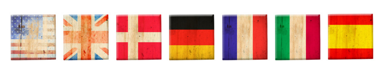 Grunge flags, on wooden blocks. Isolated on white background. Signs and symbols.