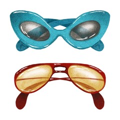 Hand Drawing Set of Sunglasses. Beautiful Summer Accessories. Blue qnd Red Colors. Use for poster, stickers, print, shop, design