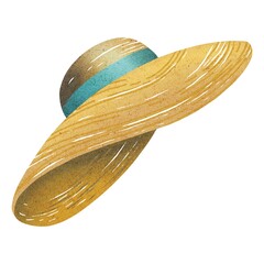 Hand Drawing Braided wide-brimmed Hat. Beautiful Beach Accessories with blue rope, stickers, print, shop, design