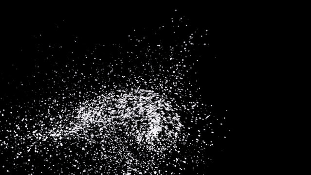 Beautiful abstraction of mesmerizing whirlwind consisting of white small particles whirling on the black background. Animation. Particles shimmering in the dark
