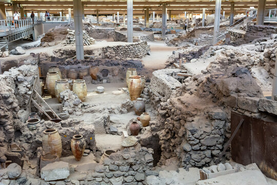 Santorini, Greece - September 18, 2020: Excavations in prehistoric town of Akrotiri in Santorini, Greece