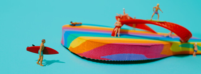miniature men and rainbow flip-flop, banner