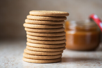 Fototapeta na wymiar Stack of crunchy cookies. Galletas Maria popular spainish crackers. Close up.
