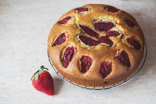 Homemade Strawberry Sponge Cake. Overhead View.