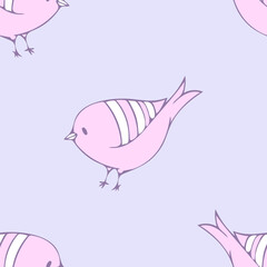 Seamless vector pattern with cute bird on soft purple background. Simple hand drawn robin wallpaper design. Decorative chick fashion textile.