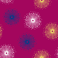 Seamless vector pattern with flower burst on red background. Simple abstract floral bloom wallpaper design. Decorative fireworks fashion textile.