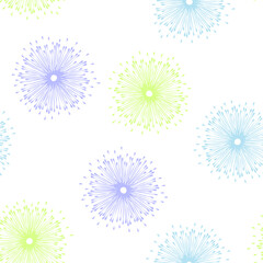Obraz premium Seamless vector pattern with flower burst on white background. Simple floral fireworks wallpaper design. Decorative modern fashion textile texture.