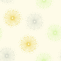 Seamless vector pattern with light burst on yellow background. Gentle soft flower bloom wallpaper texture. Decorative fireworks fashion textile.