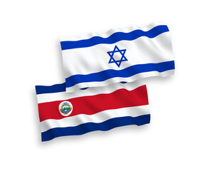 National vector fabric wave flags of Republic of Costa Rica and Israel isolated on white background. 1 to 2 proportion.